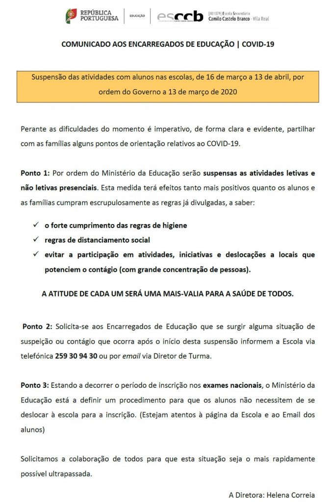 Comunicado aos Encarregados de Educação | COVID-19