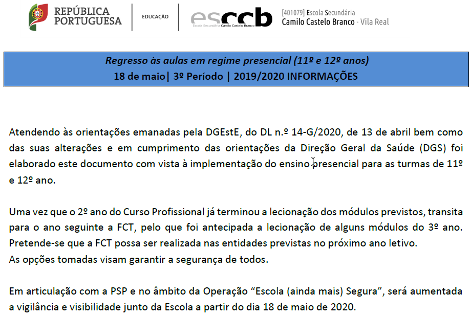 Plano ESCCB – Aulas presenciais – 11º ano e 12º ano