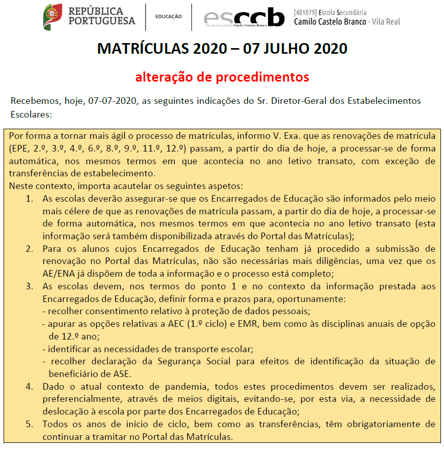 MATRÍCULAS 2020 – 07 JULHO 2020 | Alteração de procedimentos